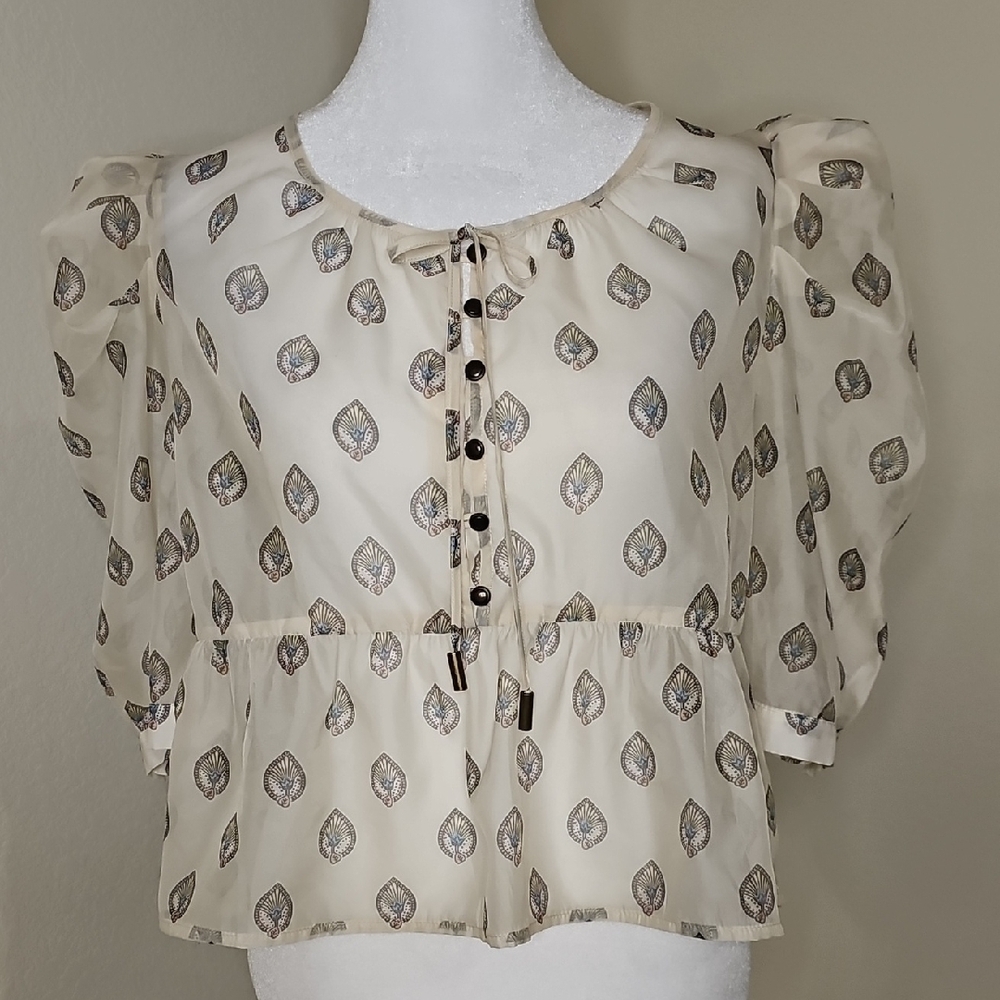 Anthropologie Sheer Puff Sleeve Leaf Print Blouse Women's Medium - Picture 11 of 11